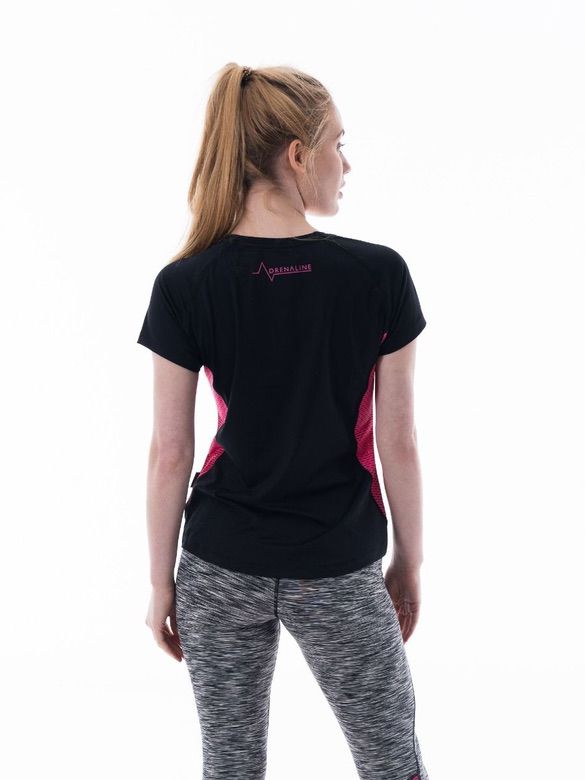BLACK SHORT SLEEVE FITTED T-SHIRT PINK TRIM AND SIDE PANELS